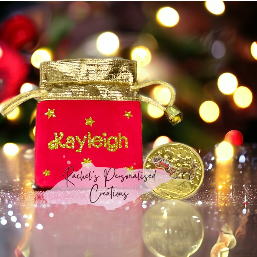 Gold Santa Claus Wishing Coin And Personalised Bag