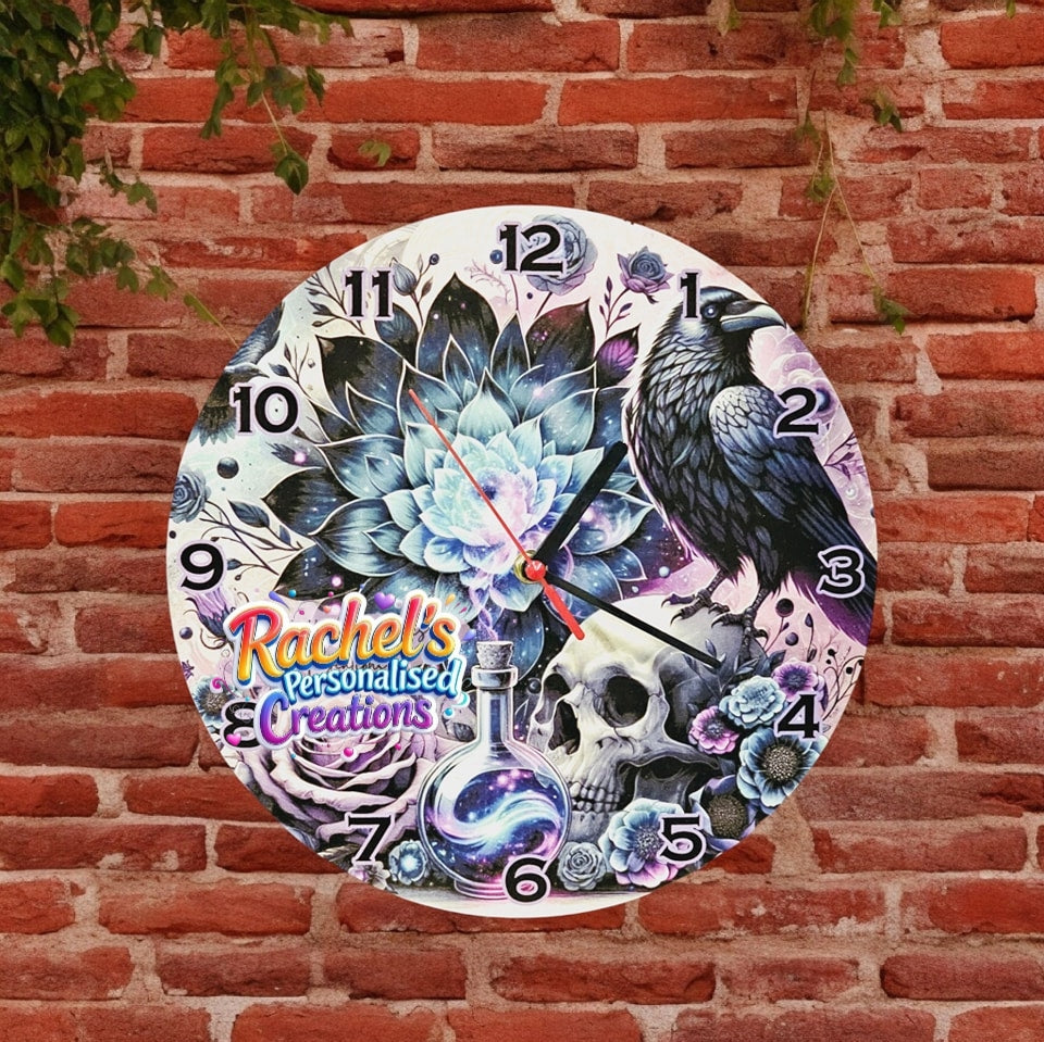 Crow and skull 30cm wooden clock
