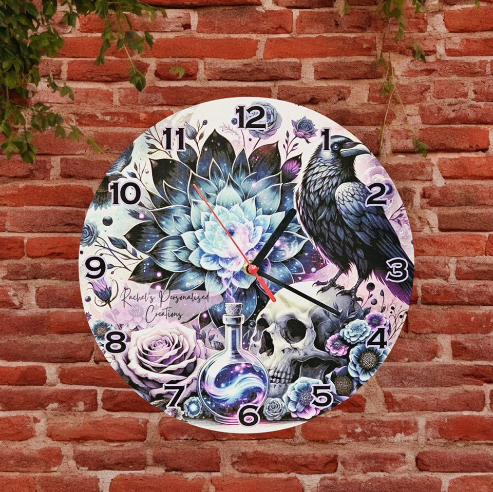 Crow and skull 30cm wooden clock