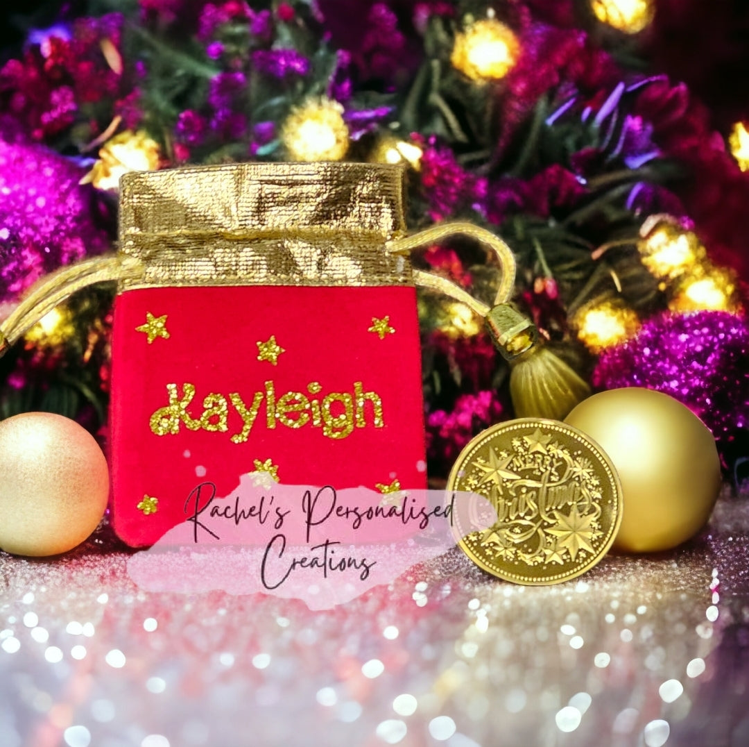 Gold Santa Claus Wishing Coin And Personalised  Bag